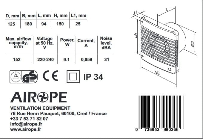 125 mm Abluftventilator mit Rückschlagventil+integriertes Moskitonetz,low wattage 9.1 W,wenig Lärm n