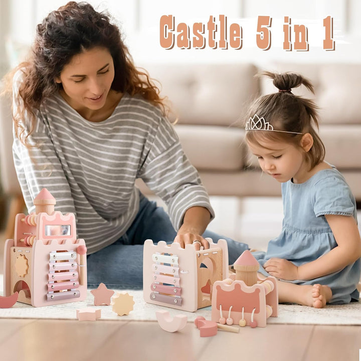 Promise Babe Montessori Spielzeug Baby Holzspielzeug,5 in 1 Rosa Schloss Lernspielzeug Motorikwürfel