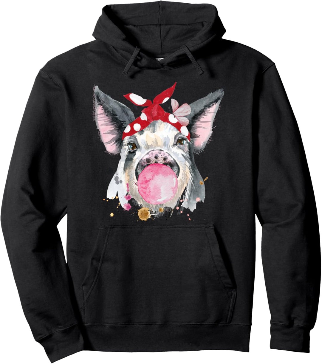 Wasserfarbenes Schwein mit Haarband und Kaugummi Landwirtin Pullover Hoodie