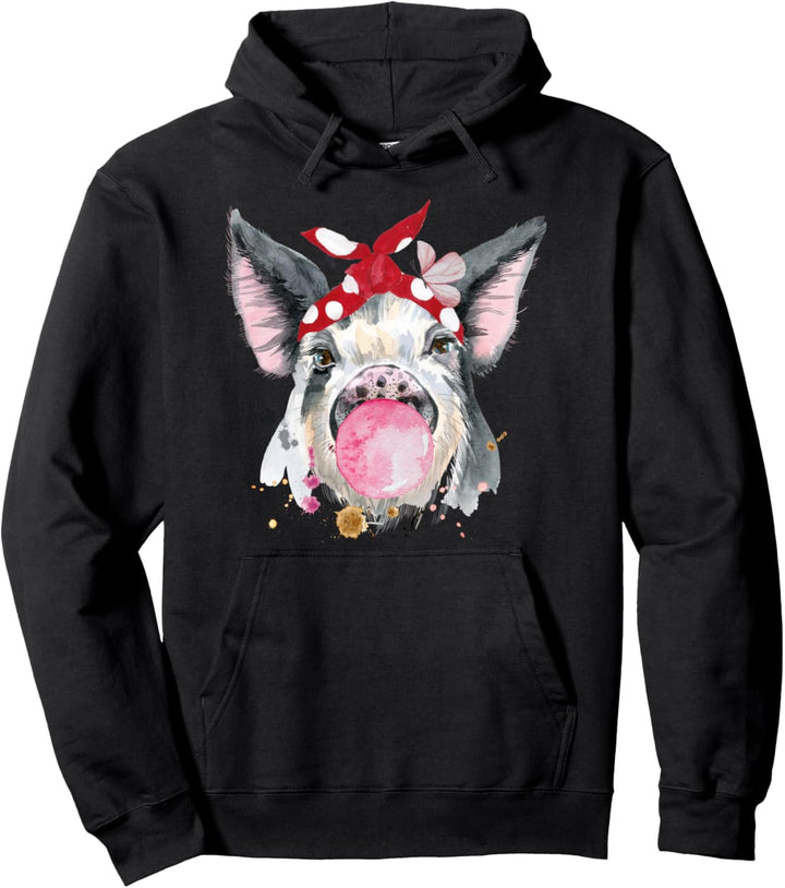 Wasserfarbenes Schwein mit Haarband und Kaugummi Landwirtin Pullover Hoodie