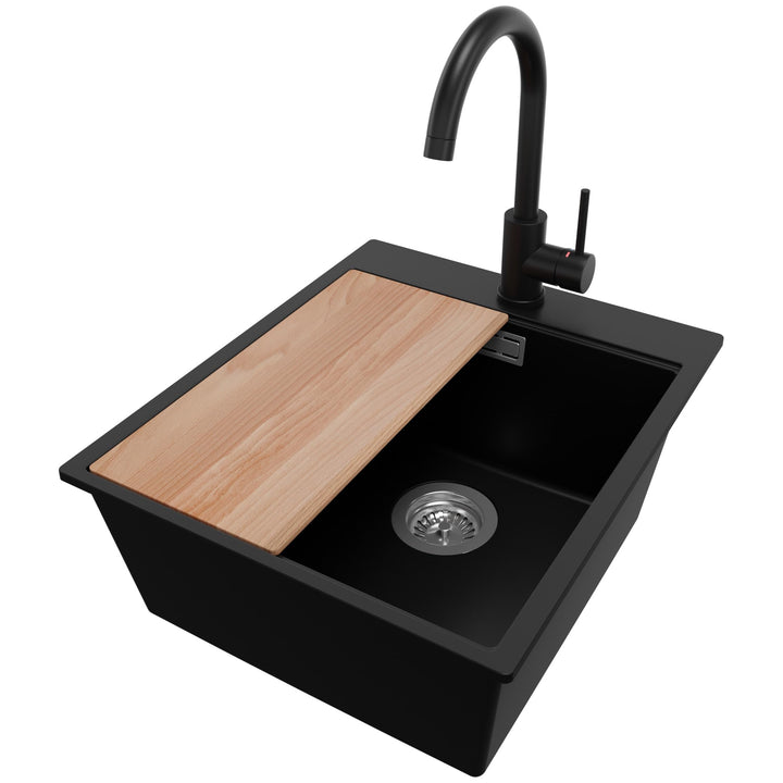 PRIMAGRAN Granitspüle Schwarz 43x50cm, Spülbecken 1 Becken + Küchenarmatur 32x20cm + Zuberhor-Set, K