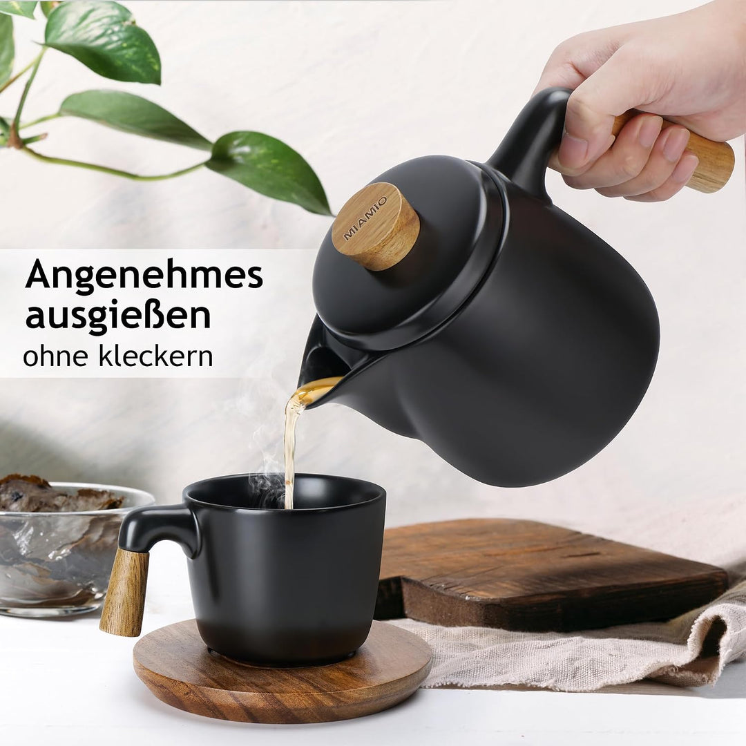 MIAMIO-Teeservice mit Teekanne Keramik (1l) mit Stövchen (Schwarz) | Teeset Teekanne &amp; Stövchen, Tee