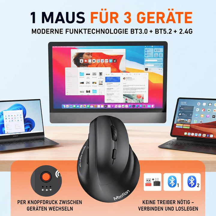MEETION Ergonomische Maus, Kabellose Vertikale Maus RGB Wiederaufladbare Funkmaus für Bluetooth(5.2