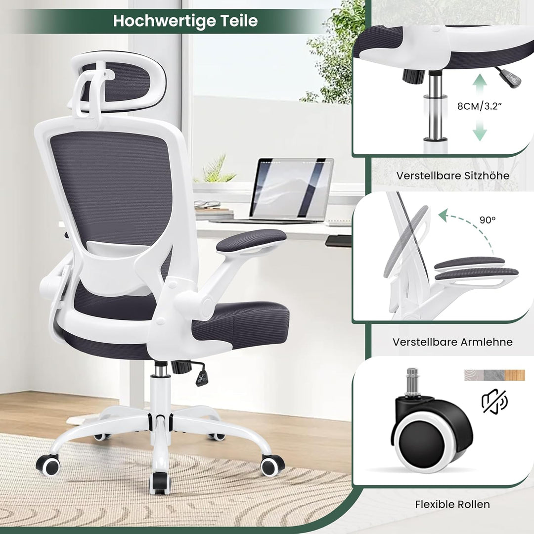 KERDOM Bürostuhl Schreibtischstuhl Ergonomisch, Chefsessel mit Verstellbarer Kopfstütze, Armlehnen,