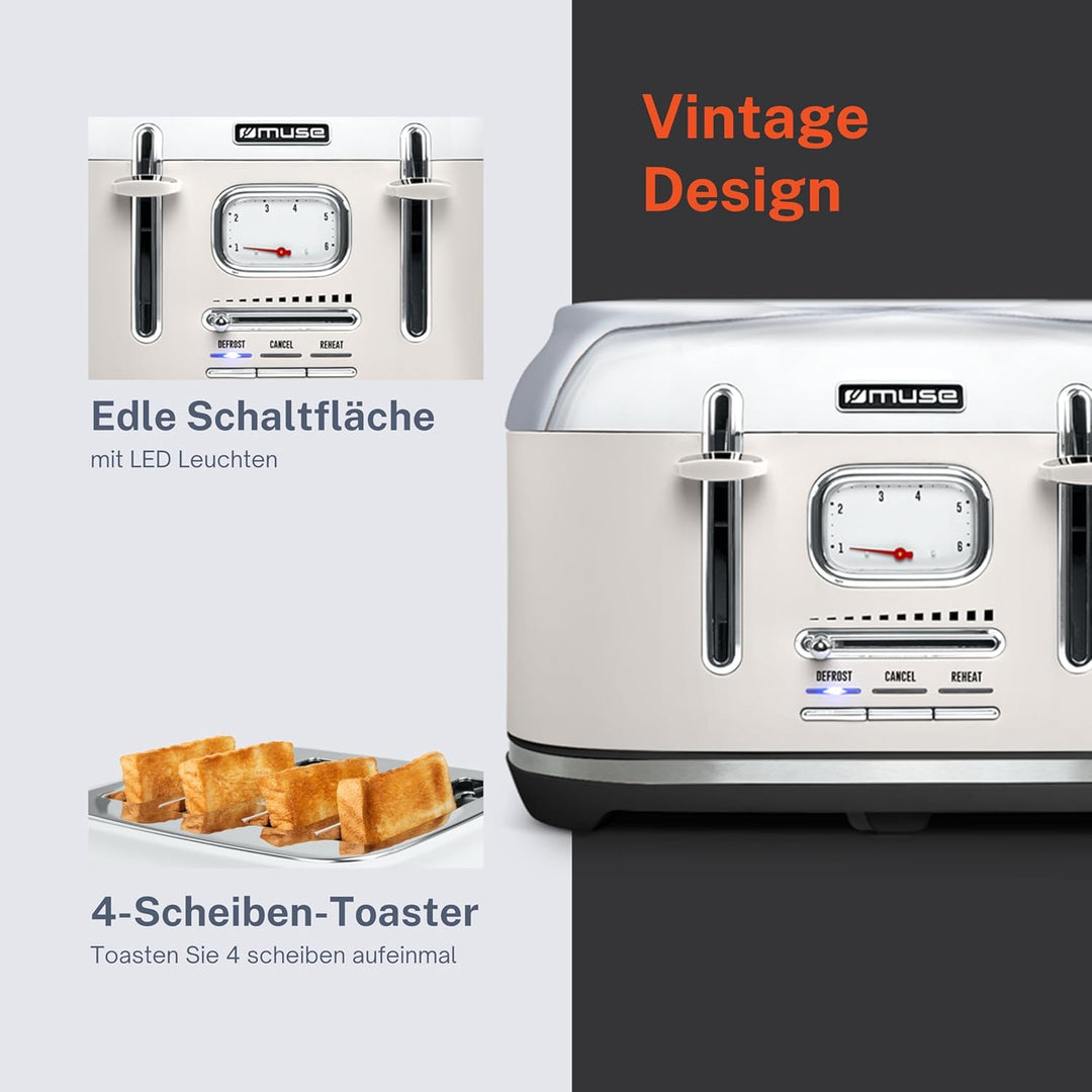 Muse Edelstahl-Toaster im weissen Retro Design, analoge Anzeige, beleuchtete Tasten, 6 Bräunungsstuf