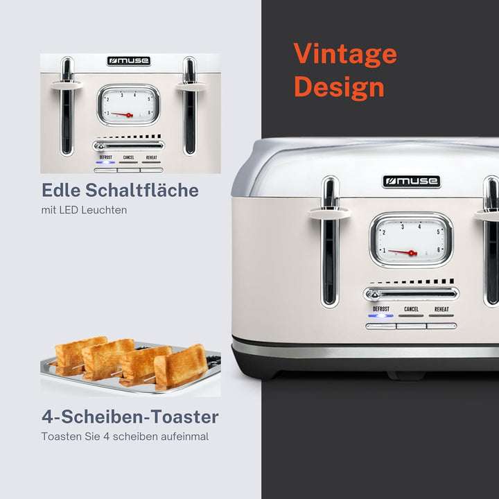 Muse Edelstahl-Toaster im weissen Retro Design, analoge Anzeige, beleuchtete Tasten, 6 Bräunungsstuf