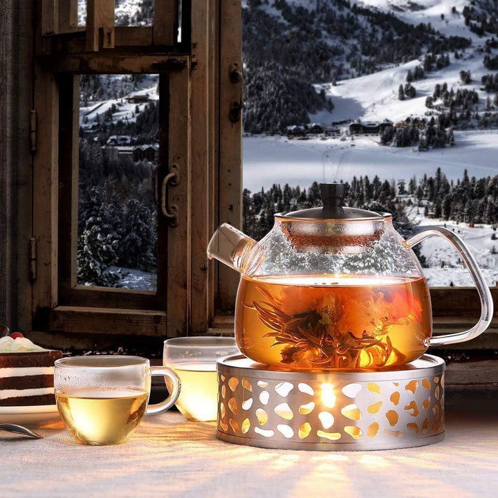 Ecooe 1.5L Teekanne mit Stövchen, Teekanne Glas und Teewärmer Edelstahl Silber 1500 ml, Silber 1500