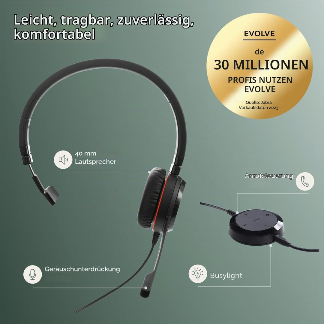 Jabra Evolve 30 II UC Mono USB-C (Überkopfbügel) USB-C Anschluss, mit Mute-Taste und Lautstärke-Regl