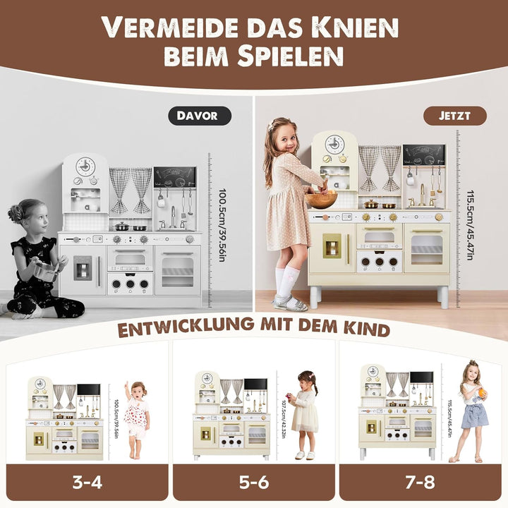 EDUBEBO Kinderküchen-Spielset, höhenverstellbar, mit verschiedenen Küchenzubehörteilen, ideales Roll