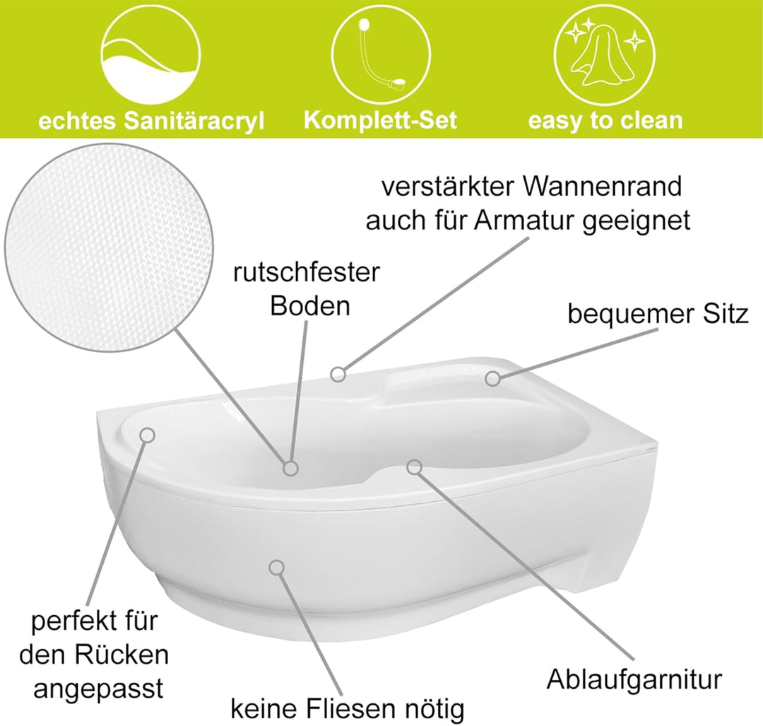 ECOLAM® Eckbadewanne WELA 170x100 cm LINKS mit Acrylschürze| Badewanne Acrylwanne Acryl + Schürze +