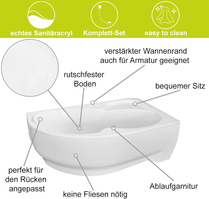 ECOLAM® Eckbadewanne WELA 170x100 cm LINKS mit Acrylschürze| Badewanne Acrylwanne Acryl + Schürze +