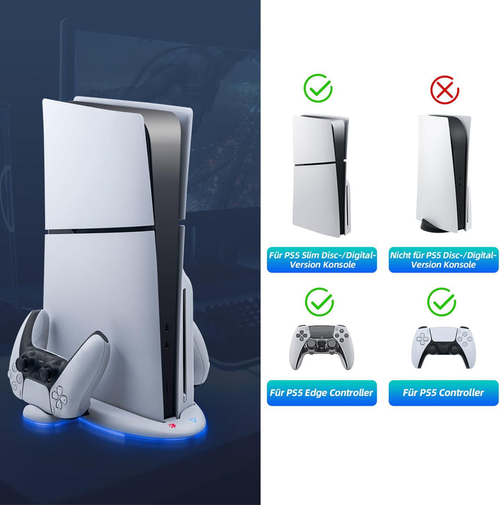 Wigearss PS5 Slim Kühler Standfuss mit Dual Controller Ladegerät, PS5 Controller Ladestation Standfu