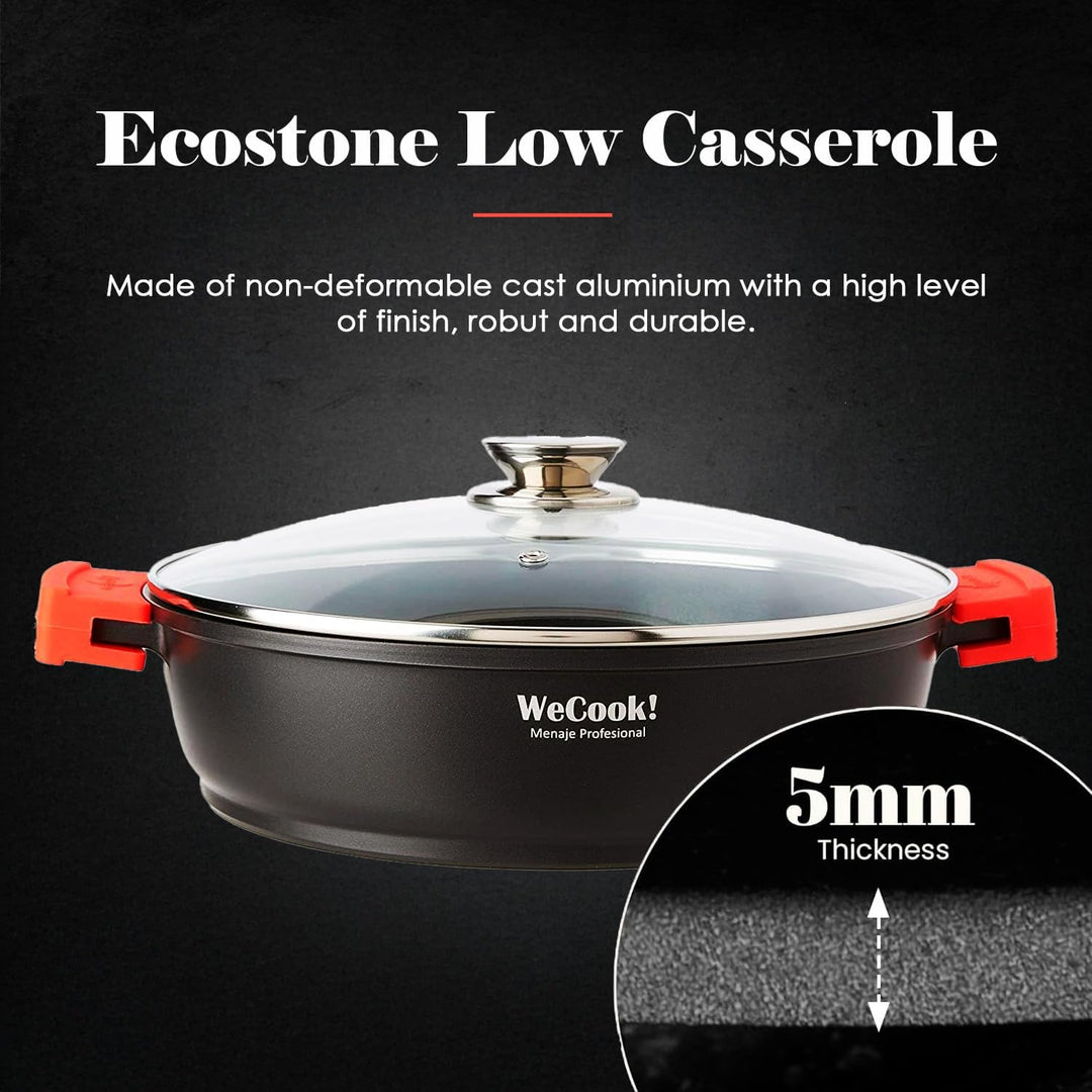 WECOOK! Ecostone Niedrige Kochtopf 28cm Induktion mit Glasdeckel, Antihaftbeschichtung XTRA DUPONT Ö