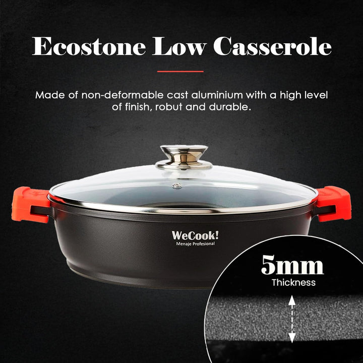 WECOOK! Ecostone Niedrige Kochtopf 28cm Induktion mit Glasdeckel, Antihaftbeschichtung XTRA DUPONT Ö