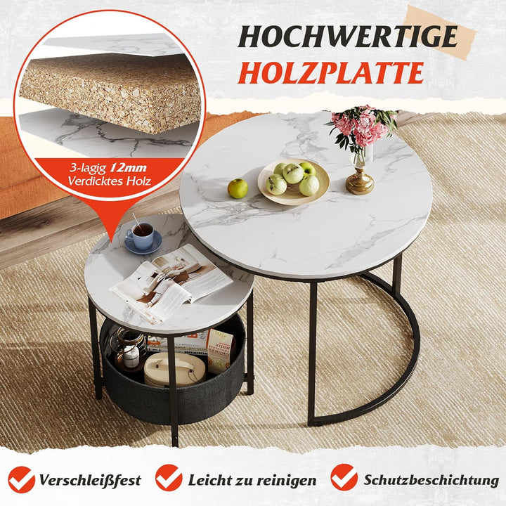 WLIVE Runder Couchtisch Weiss, Wohnzimmer Tisch für Couch mit Stauraum, Beistelltisch mit Metallrahm