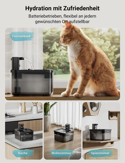 DownyPaws Katzenbrunnen Kabellos, Batteriebetriebener Trinkbrunnen für Katze mit Bewegungsmelder, 2.