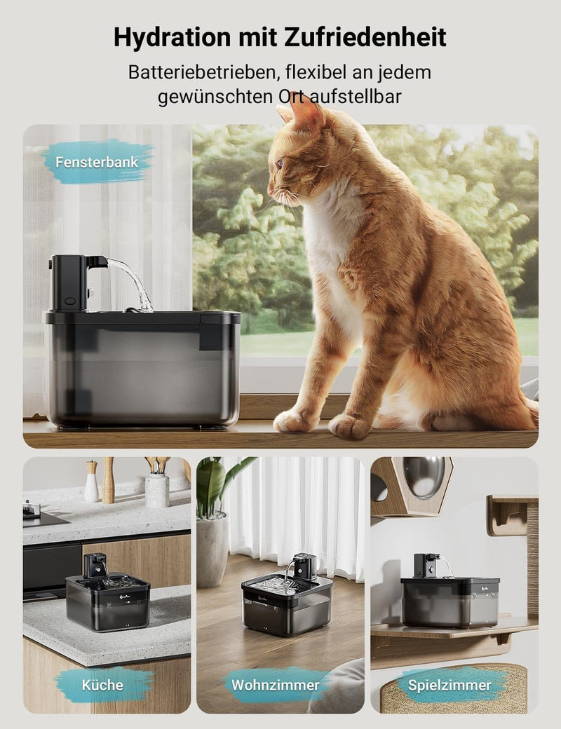 DownyPaws Katzenbrunnen Kabellos, Batteriebetriebener Trinkbrunnen für Katze mit Bewegungsmelder, 2.