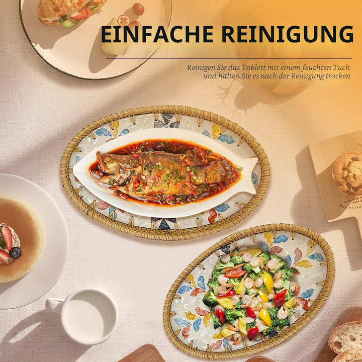 Joyeee Ovale Rattan-Tablett-Schalen, 2 Stück, Rattan-Aufbewahrungsschalen, dekorativer Weidenkorb zu