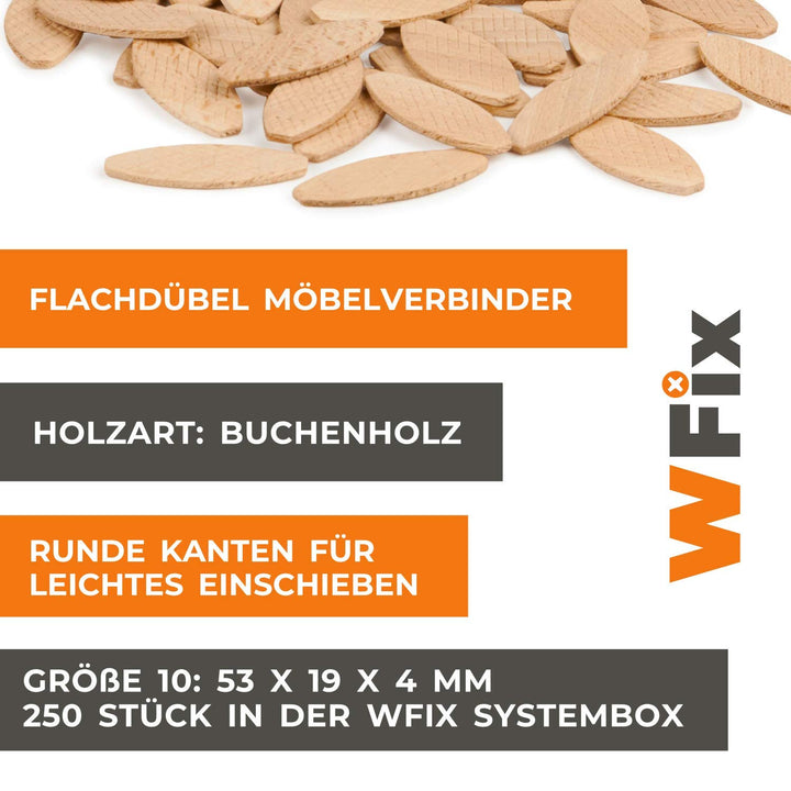 Flachdübel Grösse 10 von WFix | 250 Stück | Buchen Dübel in Eurobox | Kompatibel mit Dübelfräse & La