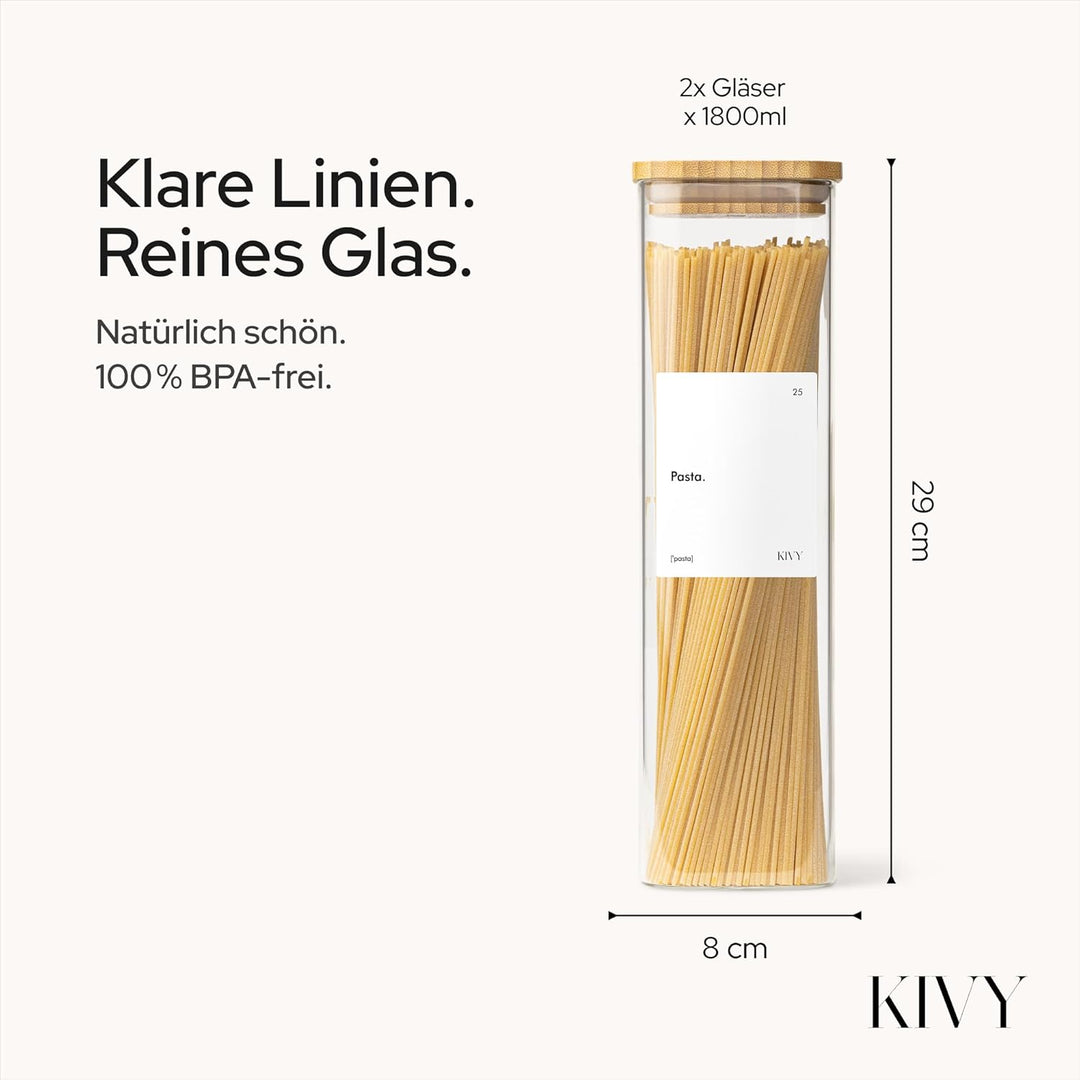KIVY Vorratsgläser eckig [2x 1800ml] + Etiketten - Stapelbare & Luftdichte Aufbewahrungsgläser mit D