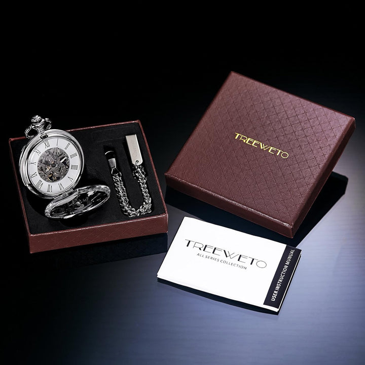 TREEWETO Unisex Taschenuhr mit Kette Analog Handaufzug Einhorn Kylin Skelett Silber
