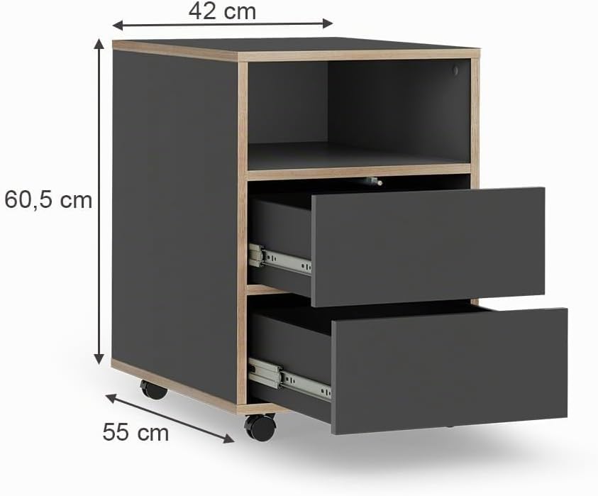Vicco Rollcontainer Tetrix, Anthrazit, 42 x 55 cm mit Regalen und 2 Schubladen, Anthrazit