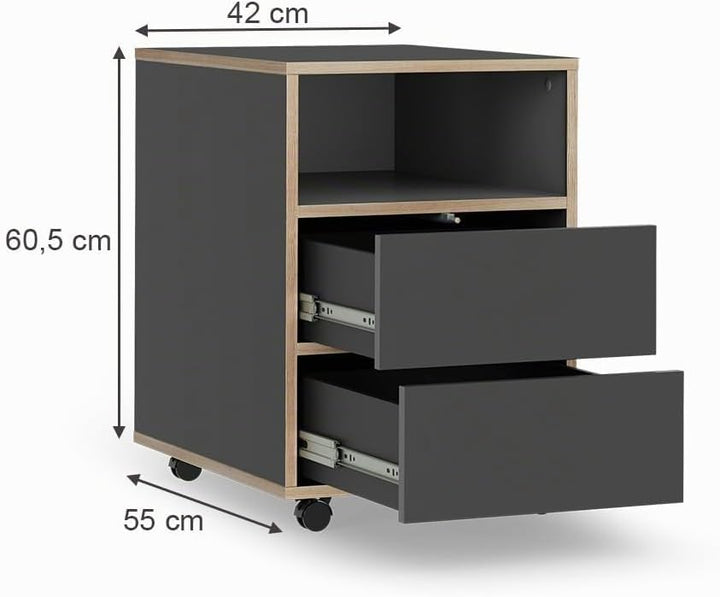 Vicco Rollcontainer Tetrix, Anthrazit, 42 x 55 cm mit Regalen und 2 Schubladen, Anthrazit