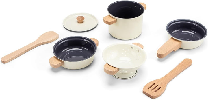 Woet® Cremeweisses Metall Topf und Pfannenset für Kinder - 7 Teile mit Holzgriffen - Rollenspiel für