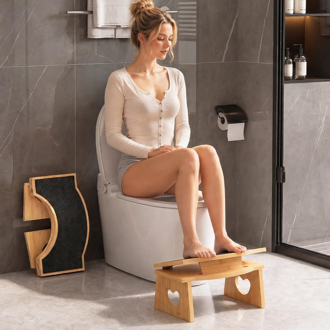 HOOBRO Klappbarer Toilettenhocker aus Bambus, Verstellbarer Klohocker mit Rutschfester Unterseite, m