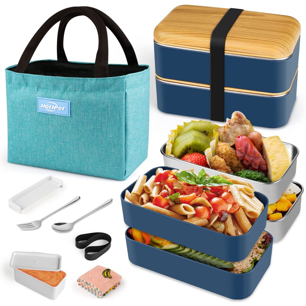 Bento Box, Lunchbox Brotdose mit Fächern 2 Ebenen mit 2 Stück Umweltfreundlichen PP & Edelstahlbehäl