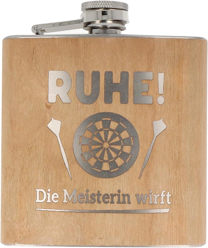 Spruchreif | Flachmann aus Edelstahl mit Gravur | Flachmann aus Holz | Geschenkidee Darts | Outdoor