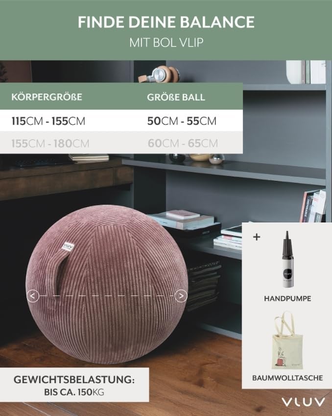 VLUV® BOL VLIP Sitzball Büro Ergonomisch [Atmungsaktiv mit Tragegriff und Wegrollschutz] Waschbarer