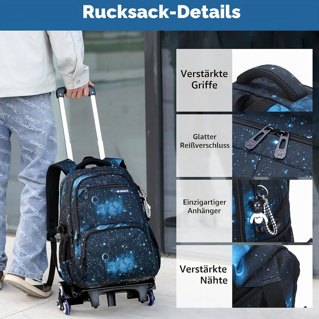 Amythe Schulrucksack Trolley für Jungen Teenager Rucksack mit Rollen 3-teilig mit Lunchtasche Federm