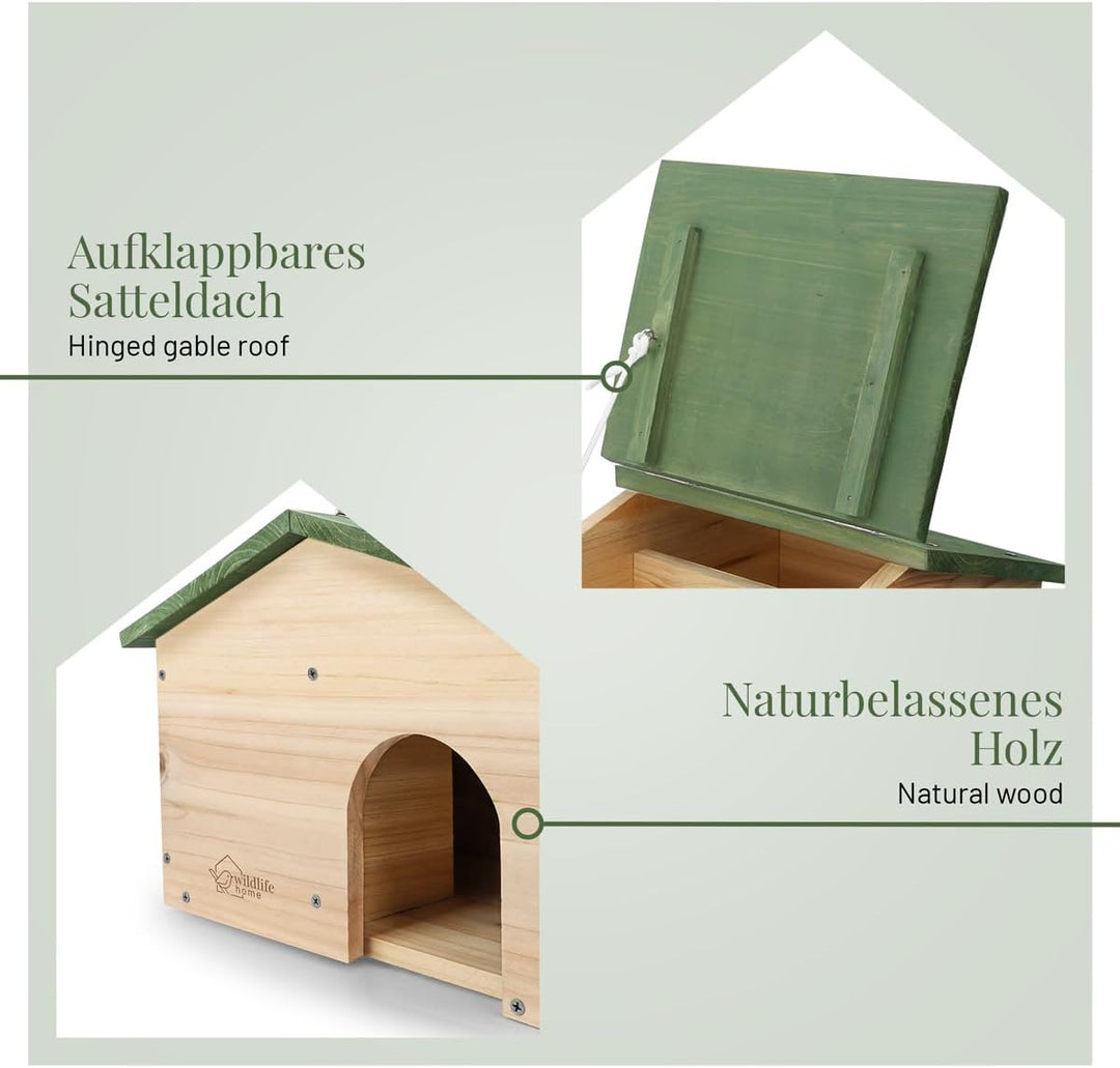 wildlife home Igelhaus Winterfest aus Holz mit Boden & wetterfestem Satteldach I Igelfutterhaus I Ka