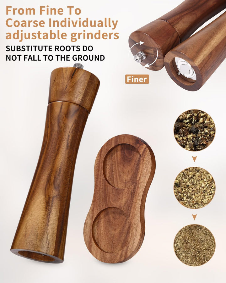 Salz und Pfeffermühle Holz 2er Set, Gewürzmühle mit Keramikmahlwerk, Salz und Pfefferstreuer mit unt