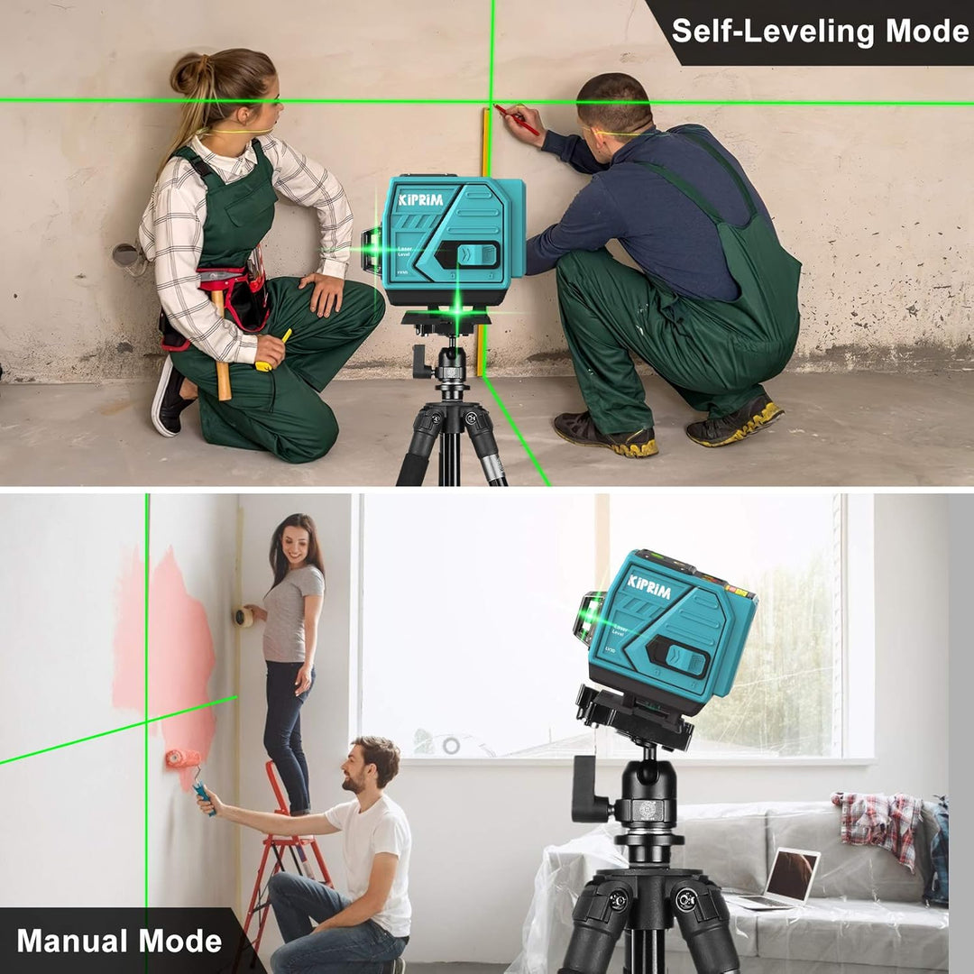 Kiprim 3x360 Professional Linienlaser 12 Linien 40M Grün Selbstnivellierender Kreuzlaser mit 3 Modi,