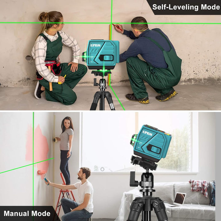 Kiprim 3x360 Professional Linienlaser 12 Linien 40M Grün Selbstnivellierender Kreuzlaser mit 3 Modi,