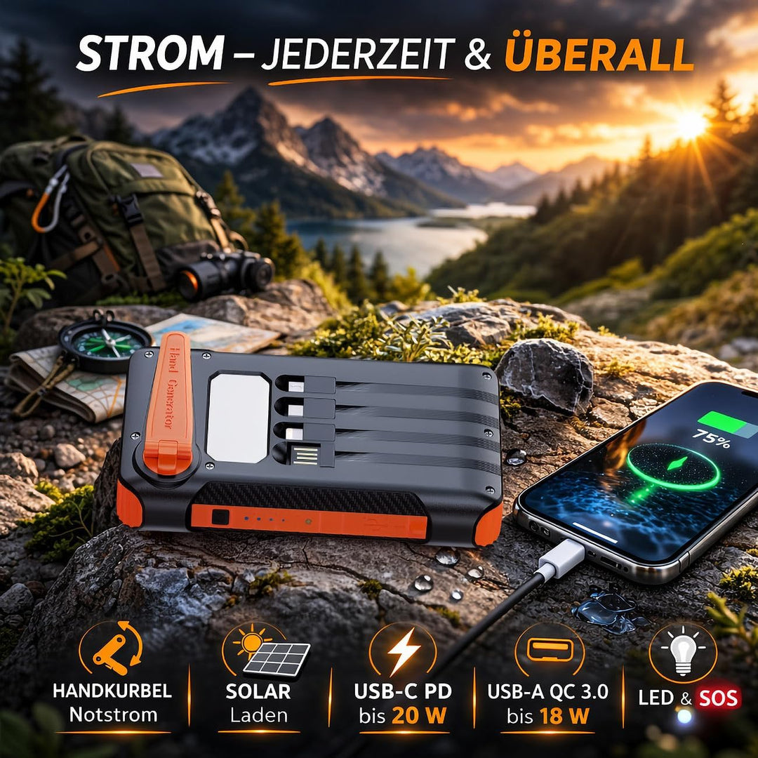 revolt Handkurbel-Powerbank: Kurbel-Dynamo-Solar-Powerbank, 10.000 mAh, USB-C PD bis 20 W, LED (Hand