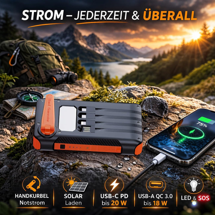 revolt Handkurbel-Powerbank: Kurbel-Dynamo-Solar-Powerbank, 10.000 mAh, USB-C PD bis 20 W, LED (Hand