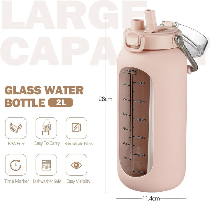 BLUEGO 2000ml Glaswasserflasche mit Edelstahlgriff und Zeitmarkierung 2L Trinkflasche Borosilikatgla