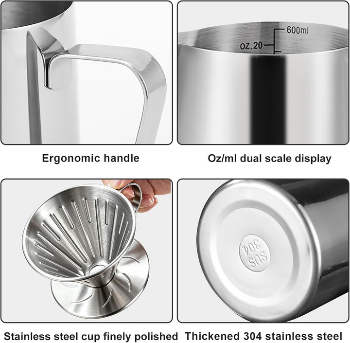Pour Over Kaffeebereiter Set, Edelstahl, mit kaffeefilterhalter 100 Papierfilter und 600 ml Milchauf