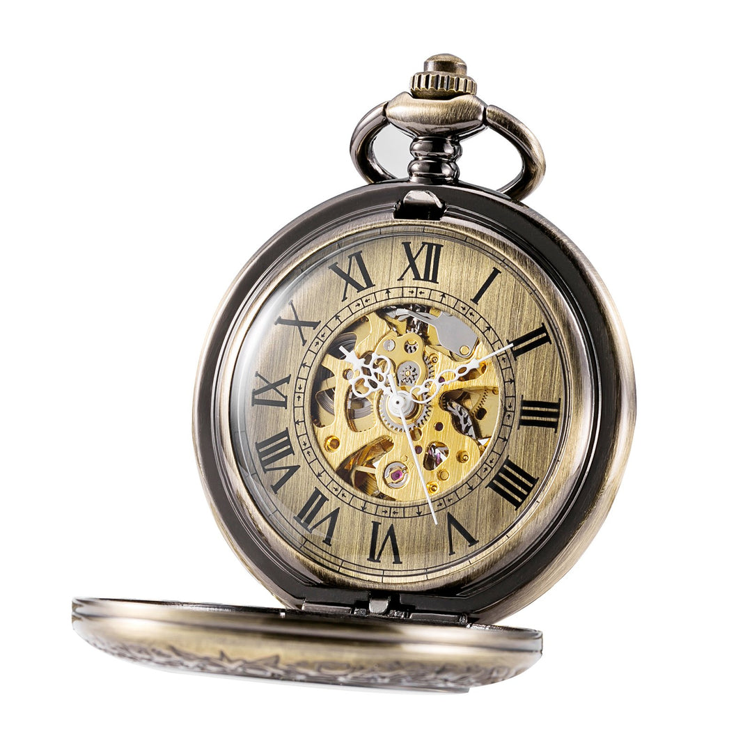 TREEWETO Unisex Taschenuhr mit Kette Analog Handaufzug Antik Skelett Lupe