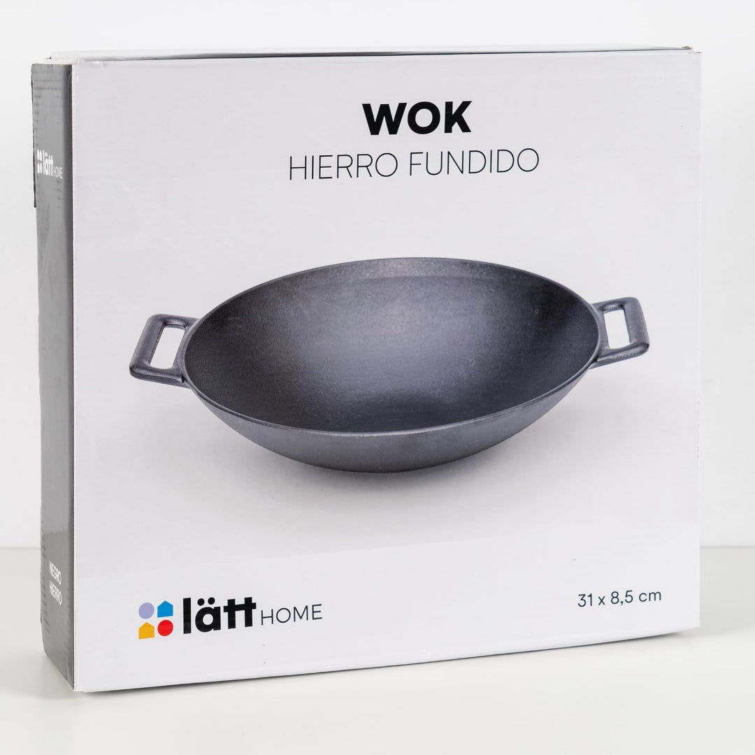 Wok aus Gusseisen, 31 x 8,5 cm, geeignet für Induktion, Glaskeramik, Gas und Grill, gleichmässiges G