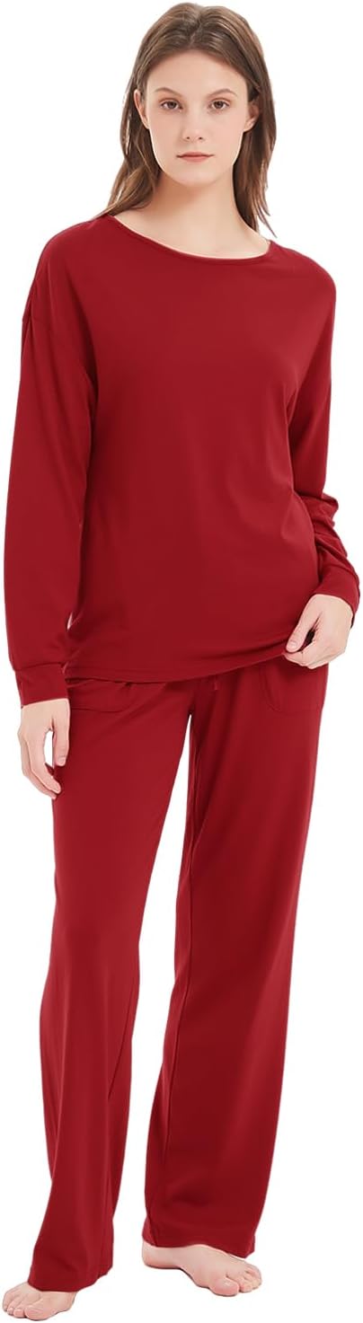 Mnamo Damen Schlafanzug Weich Gestricktes Pyjama Set Gemütliche Nachtwäsche Baumwolle und Modal Atmu