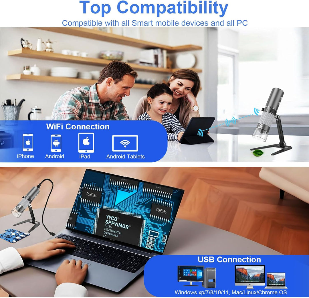 WiFi Digital Mikroskop, Kabelloses Tragbares Handmikroskop mit 4K-HD-Kamera, 50-1000X Vergrösserung,