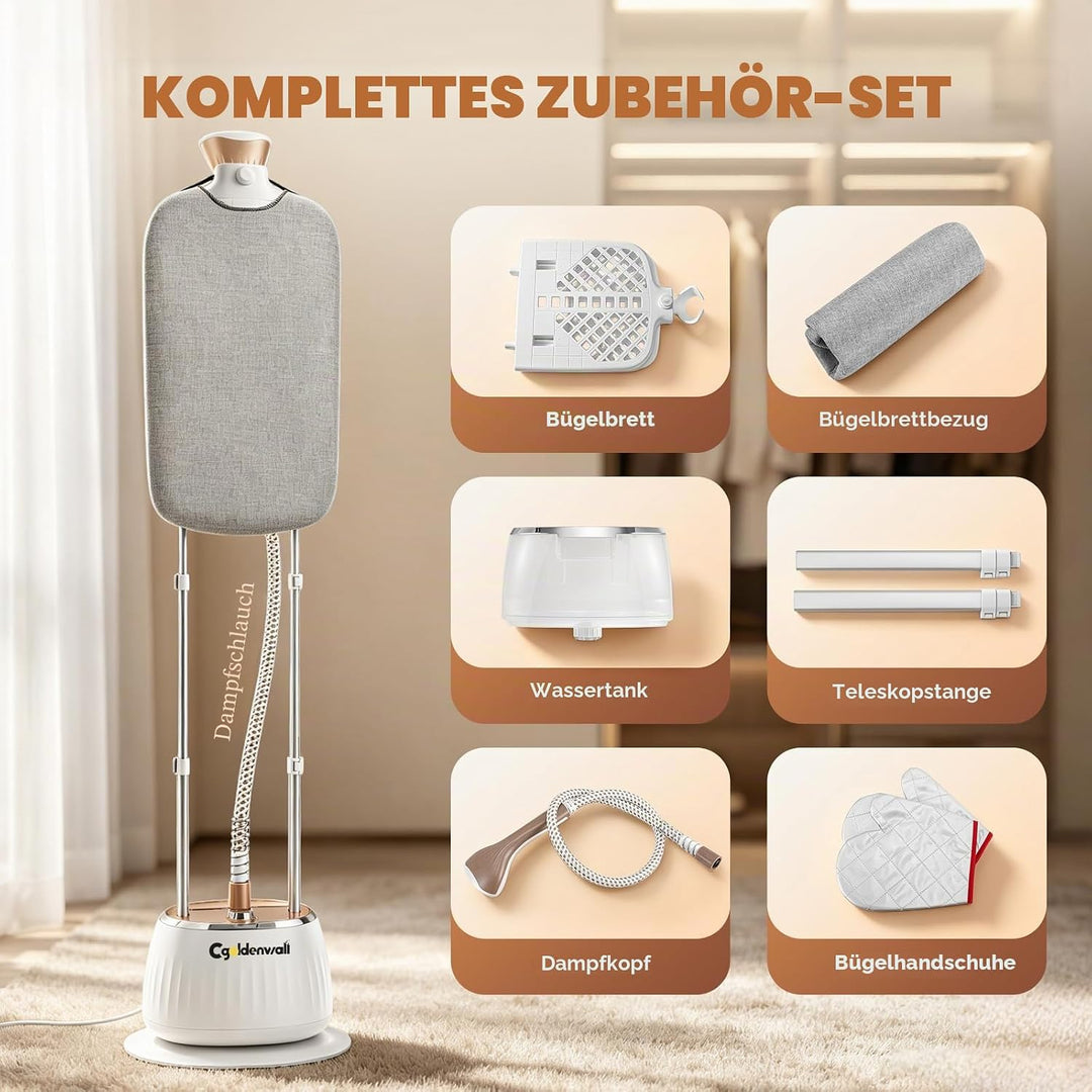 CGOLDENWALL Vertikaler Dampfglätter 1350W mit Doppelstange, 1.6L Tank, 10 Dampfstufen, 3-in-1 Bügelw