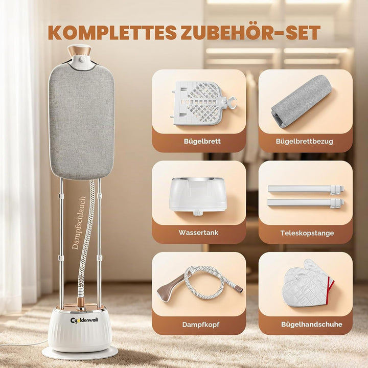 CGOLDENWALL Vertikaler Dampfglätter 1350W mit Doppelstange, 1.6L Tank, 10 Dampfstufen, 3-in-1 Bügelw