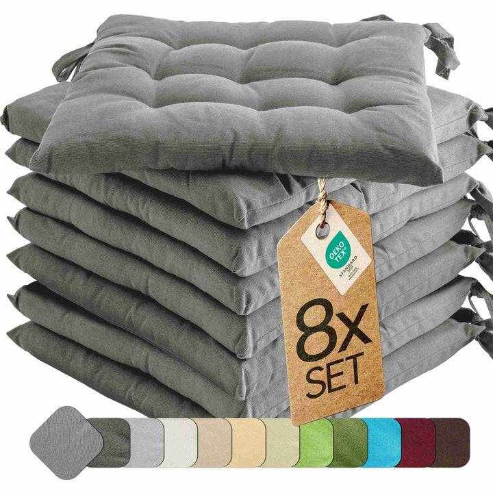 etérea Basic Sitzkissen 40x40 cm 8er Set mit Bändern Indoor Outdoor Grau 8 Stück - 40x40 cm Grau, 8