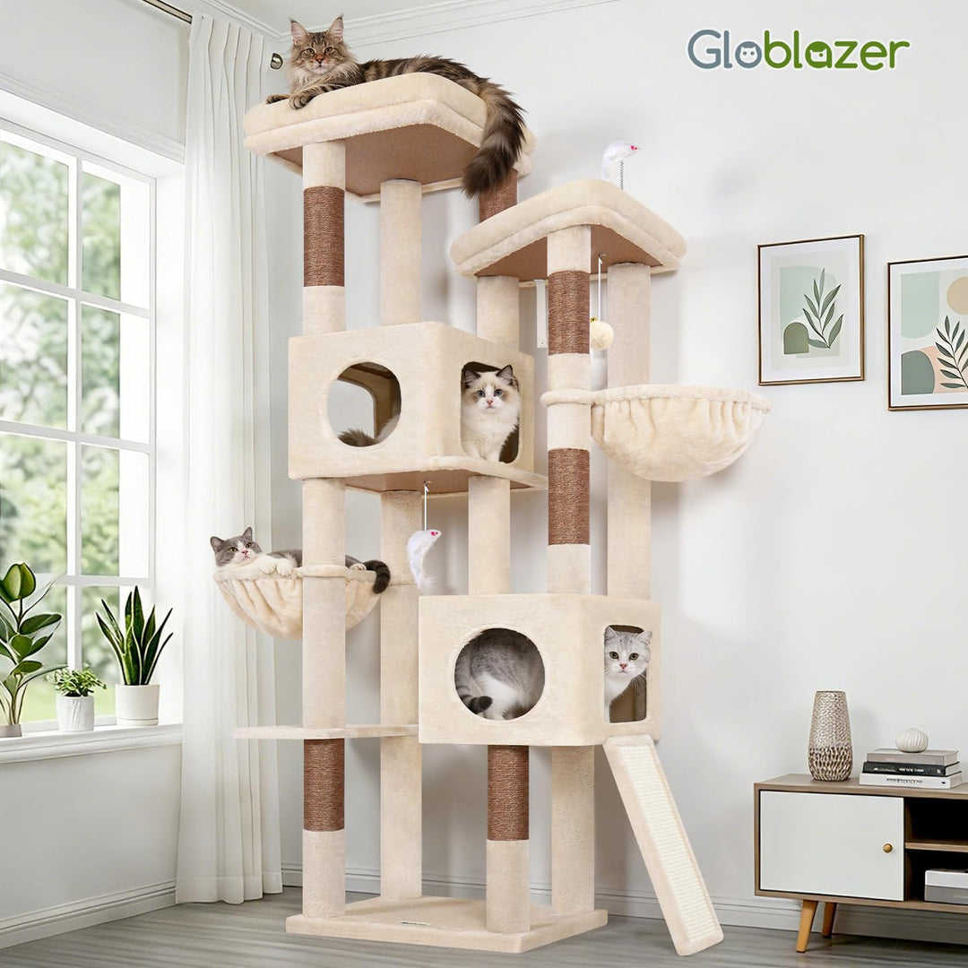 Globlazer Kratzbaum Stabil hoch 182 cm mit 2 Grosse Gepolsterte Plattformen, 2 Katzenhaus, 2 Korb, S