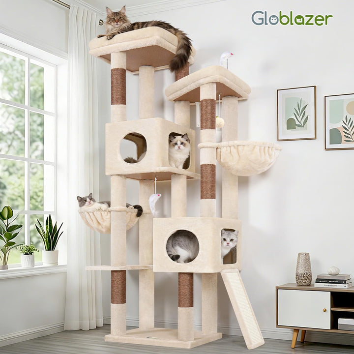 Globlazer Kratzbaum Stabil hoch 182 cm mit 2 Grosse Gepolsterte Plattformen, 2 Katzenhaus, 2 Korb, S